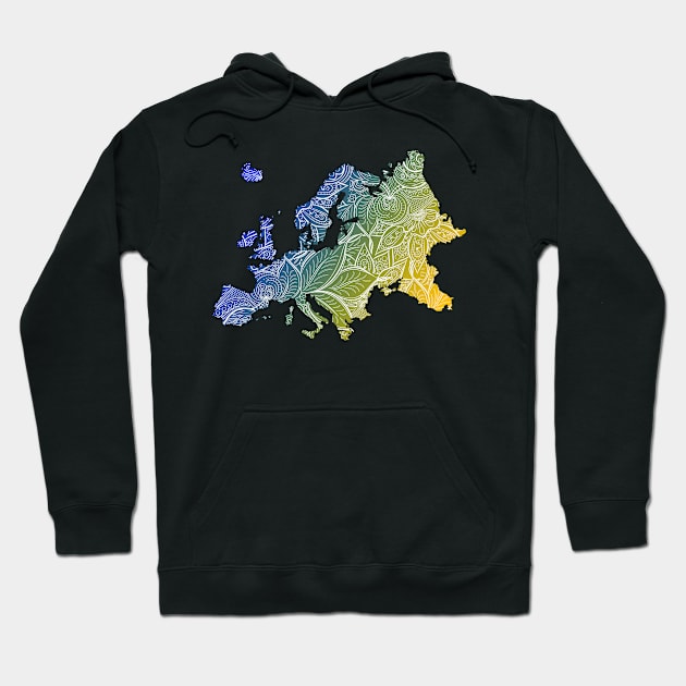 Colorful mandala art map of Europe with text in blue and yellow Hoodie by Happy Citizen